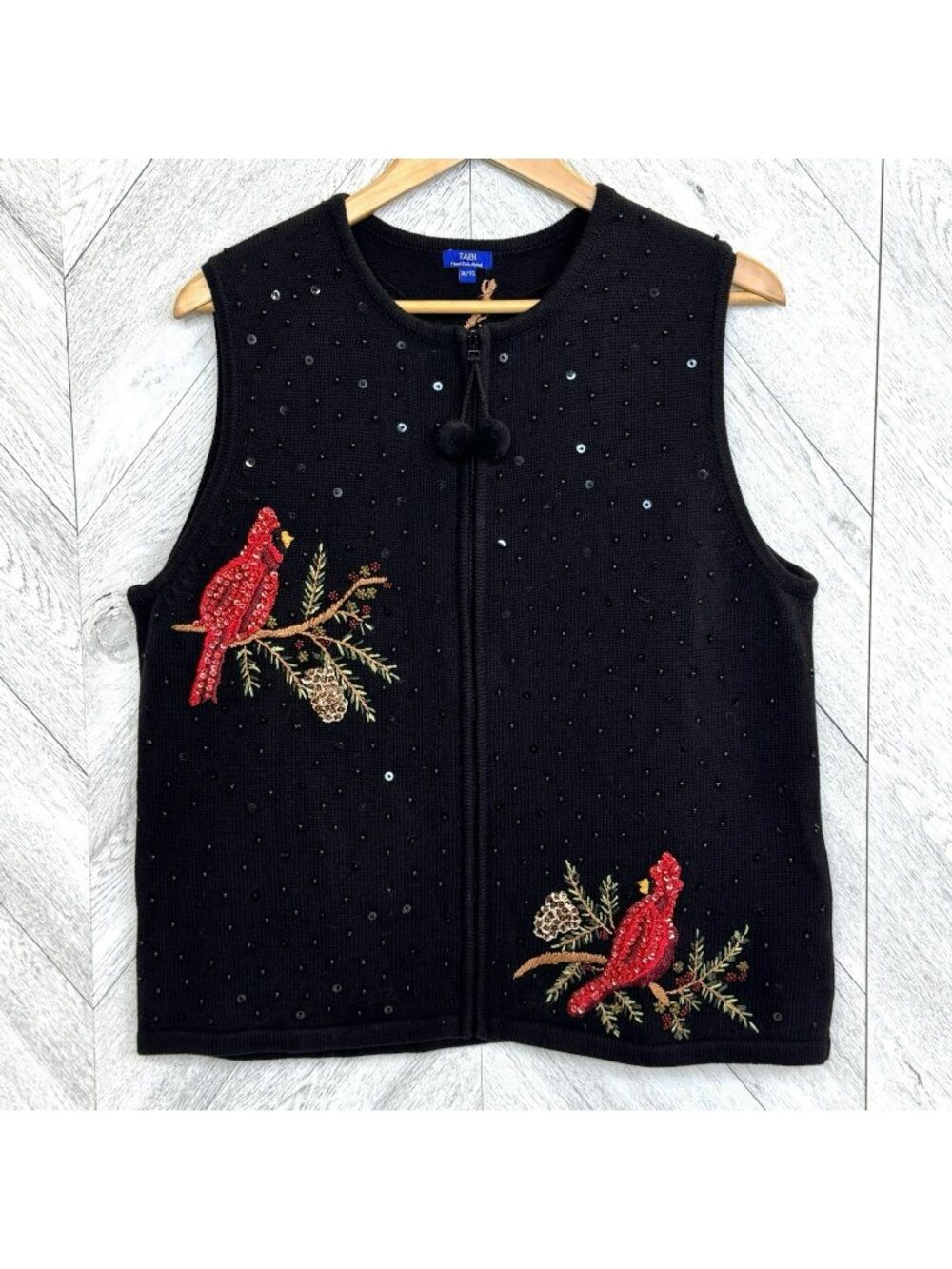 Tabi Knit Sweater Vest Womens XL Black Full Zip Holiday Winter Cardinal Beaded